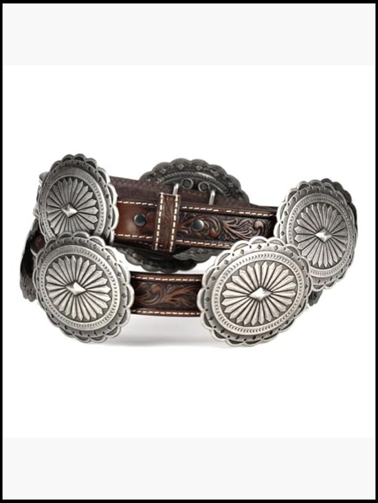 Genuine Leather Tooled Belt with Silver Oval Concho main image 6
